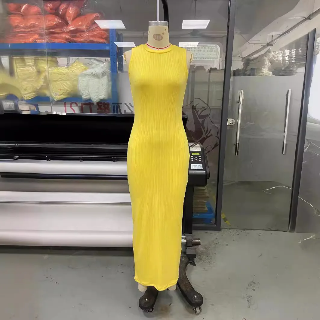 Dress Women Long Dresses Round Neck Sleeveless Vest Bodycon Knitted Elegant High Waist Slim Party Club Knit Vestidos Casual