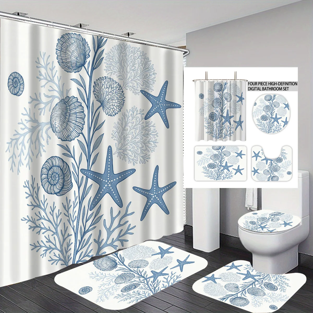 1/3/4pcs Shower Curtain 3D Print Polyester Curtain for Bathroom Decor 4pcs Set Toilet Seat Cover Bathroom/U-shaped Floor Mat