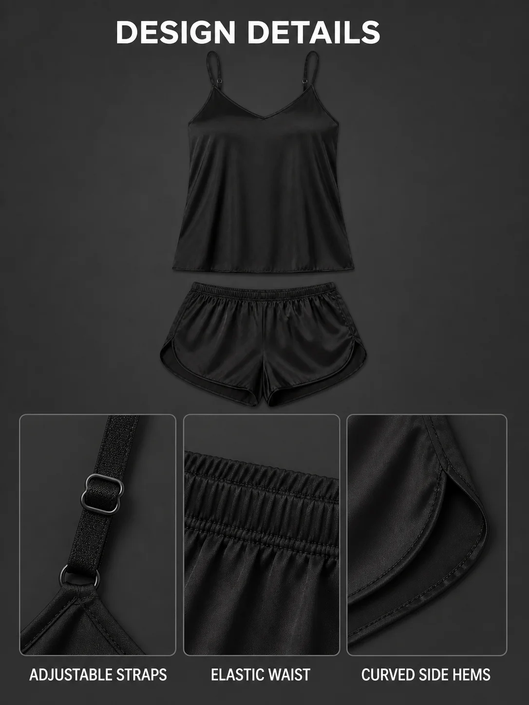 Damen-Pyjama-Set mit Satin-Finish, V-Ausschnitt, verstellbaren Trägern, Camisole und Shorts aus Polyester-Elasthan, Einheitsgröße, Nachtwäsche – Detail 2