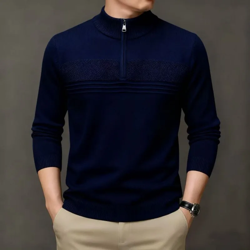 メンズクォータージップアップセーター、抗ピリング、ハーフハイカラーニットウェア、高品質ジャカード厚手セーター、肌に優しいメンズウェア