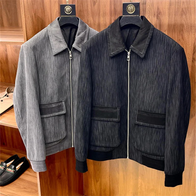 

Italian vintage-style high-end texture knitted patchwork suede fabric lapel double-pocket jacket for men