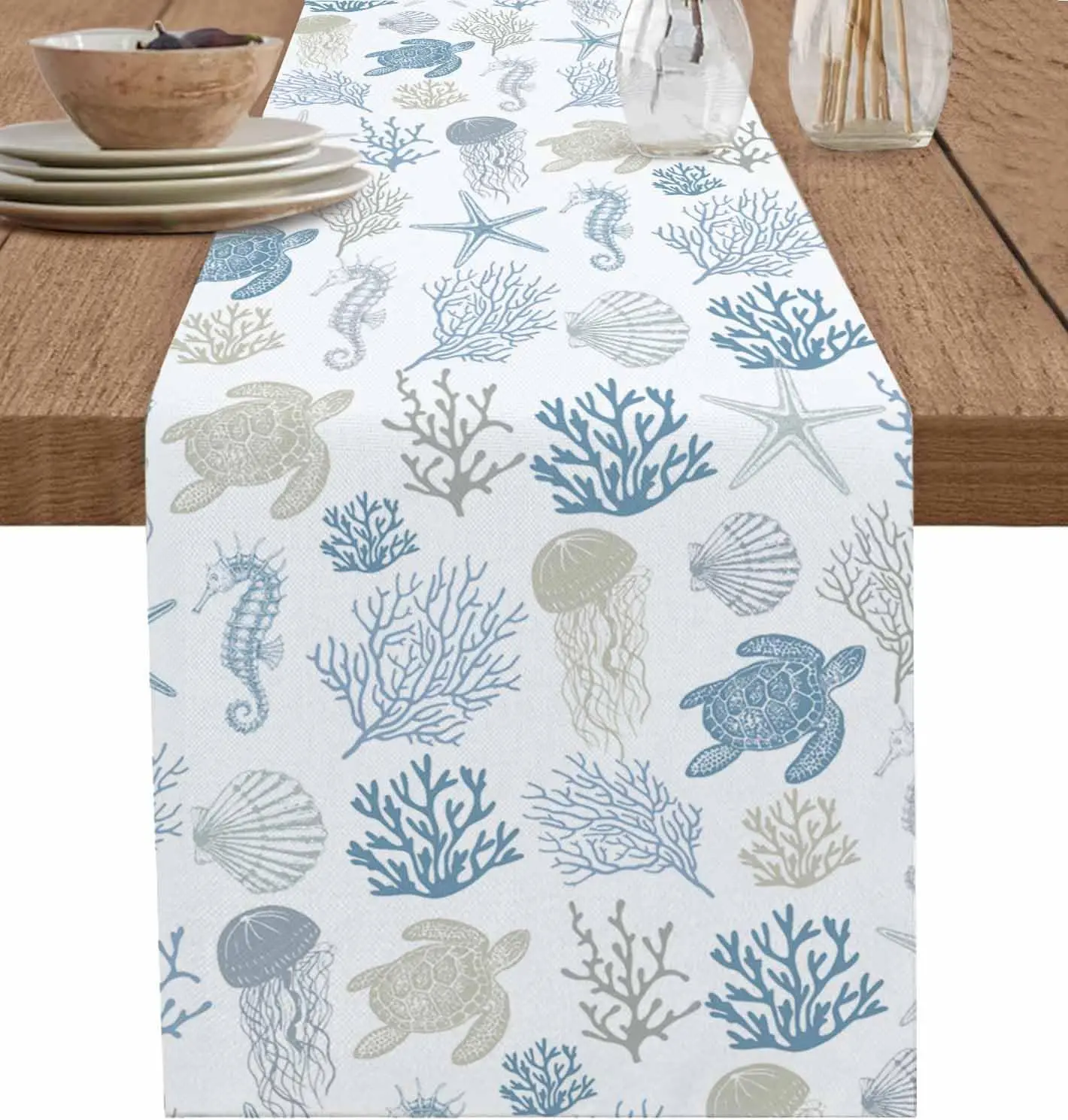 Camino de mesa de lino con tortuga marina, Coral, playa de verano, tocador costero azul, bufanda, decoración de mesa, cocina, mesa de comedor, decoración del banquete de boda