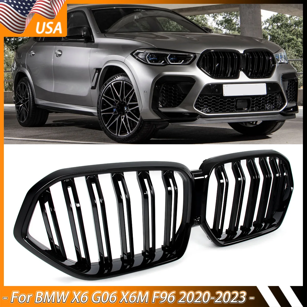 

SAIQINGSP Front Kidney Bumper Grille for BMW X6 G06 X6M F96 2020 2021 2022 2023 Gloss Black Car Accessories Tools