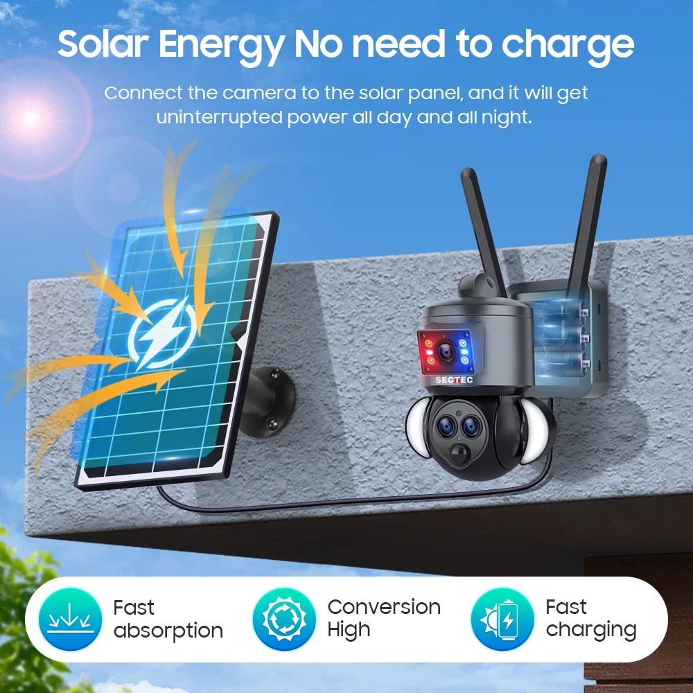 SECTEC Three Lens Dual View PTZ Outdoor Night Vision 4G Solar Power Security IP Camera 6MP 15X Zoom Solar Battery CCTV Camera