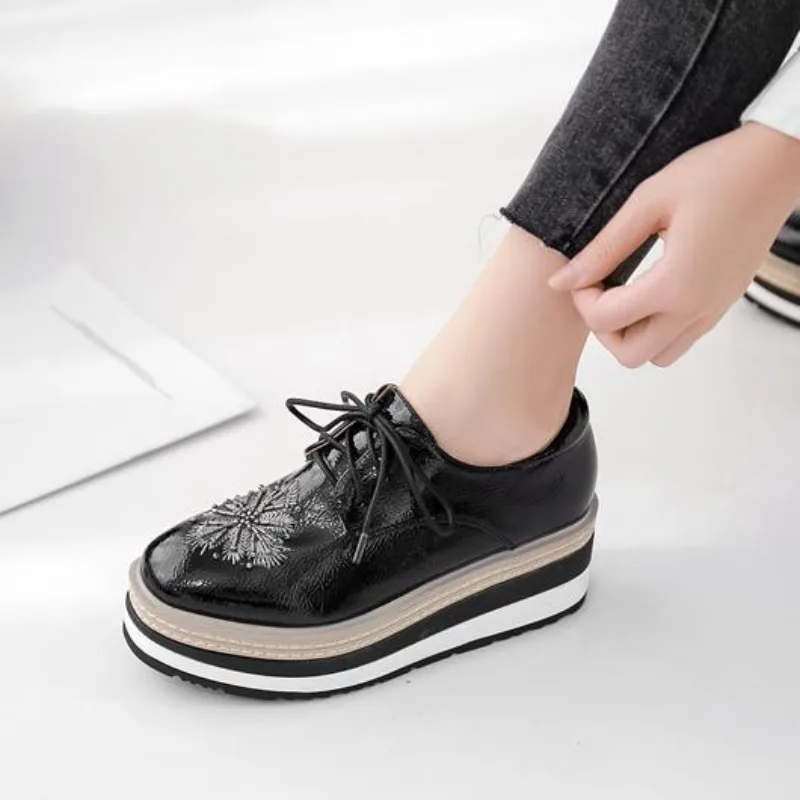 6cm Woman Spring Autumn Women Derby Platform Flats Brogue Leather Lace up Classic Bullock Footwear Gold Female Oxford Shoe 34-39