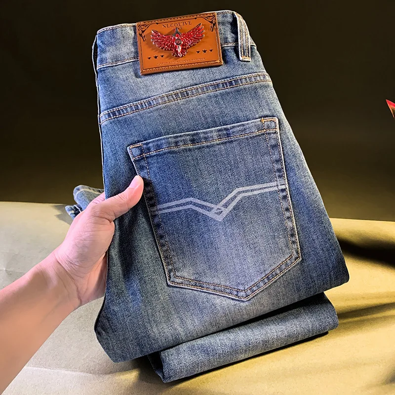 

Легкие роскошные элитные джинсы мужские осенние новые предметы синие облегающие ретро эластичные повседневные уличные брюки с маленькими штанинами мужские