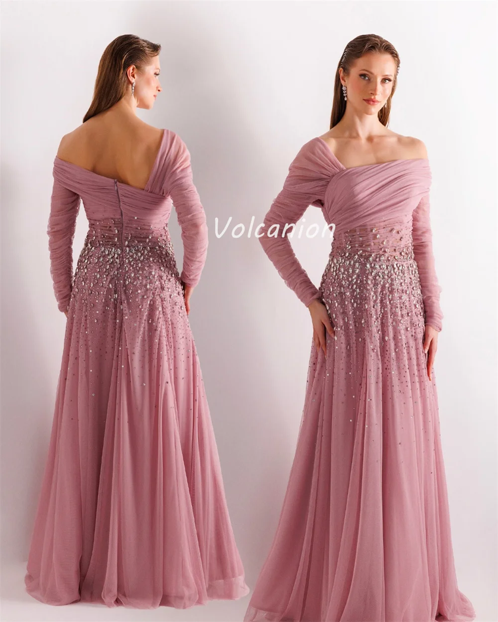 

Customized Intricate Sparkle Chiffon Rhinestone Beading Ruched Ball Gown Off-the-shoulder Long Dresses Bespoke Occasion Dresses
