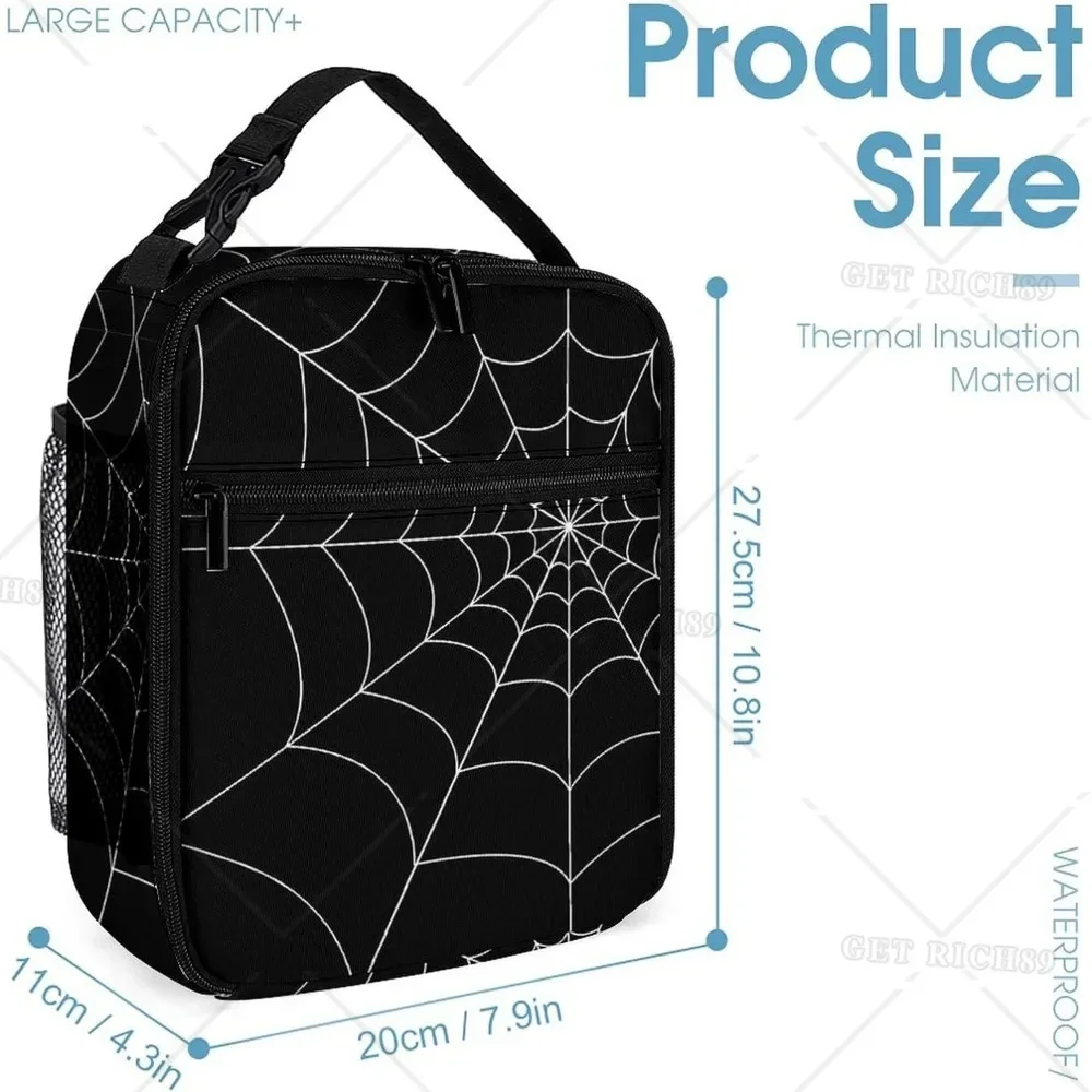 Goth Spider Web Reusable Portable Lunch Bag Cooler Lunch Box Tote Bag with Pocket for Women Men Kids School Office Picnic Travel