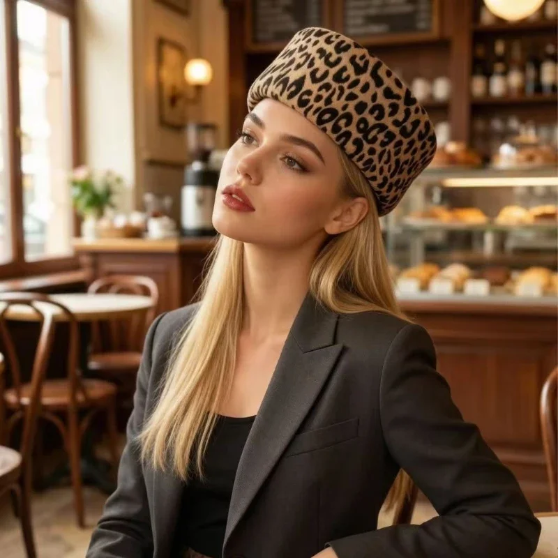New Trend Retro Flight Attendant Leopard Print Beret Hat Women Felt Beret Party Charming Hat Wedding Cocktail Party Pillbox Hat