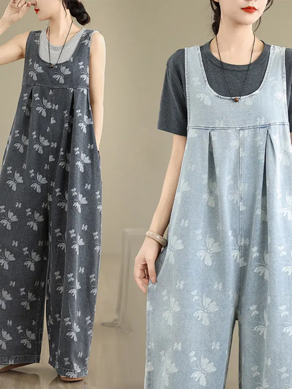 Fashion Plus Size Women Jumpsuit Summer Retro Butterfly Print Loose Casual Relax Fit Overalls Female Stylish Lantern Denim Pants