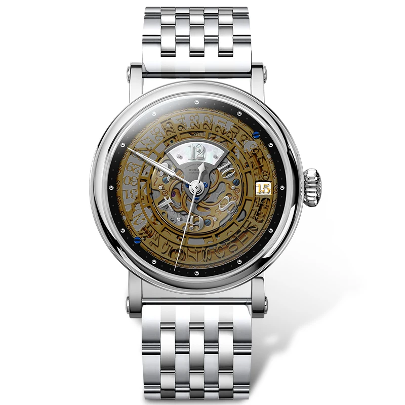 BORMAN Classic Skeleton Dial Automatic Mechanical Men Watch Brown Genuine Leather Band Sapphire Glass Waterproof 50M Men Watches