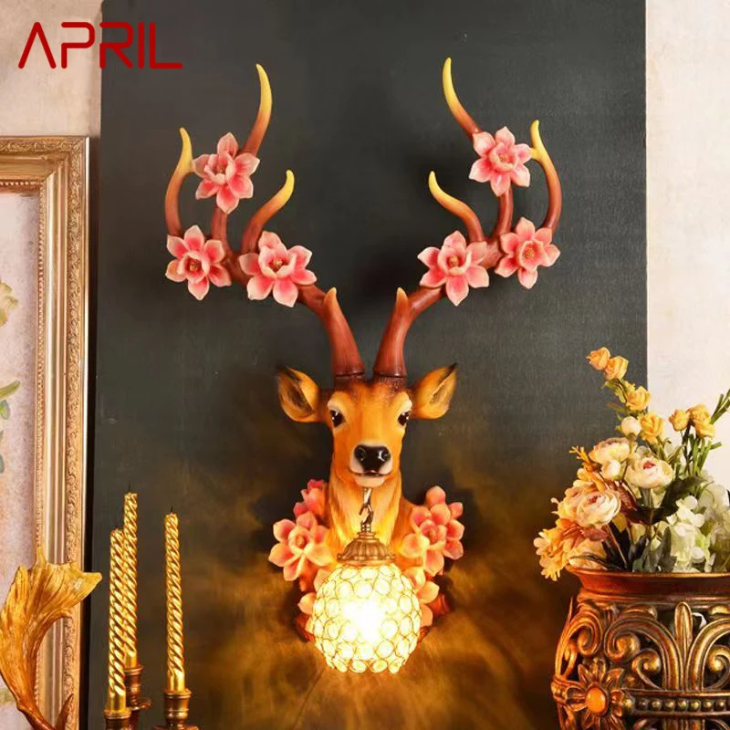 APRIL Contemporary Deer Wall Lamp LED Creative Plum Blossom Decor Resin Sconce Light for  Home Living Room Bedroom