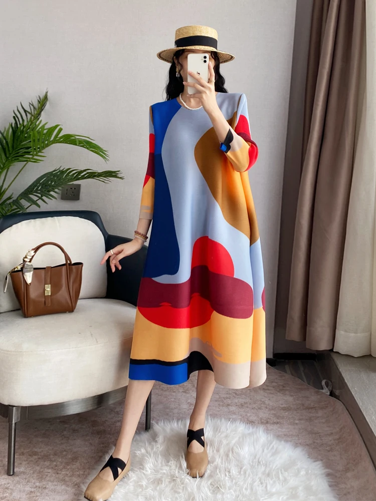 

Miyake Pleated Painted Print Dress Women's Autumn 2024 New Loose Plus Size A-line Dress Summer Dress Women