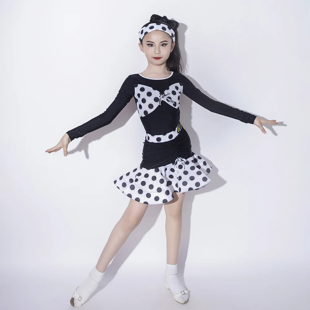 

Kids Latin Dance Clothes Girls Long Sleeves Practice Clothing Polka Dot Dress Performance Costume Training Dance Wear DNV23716