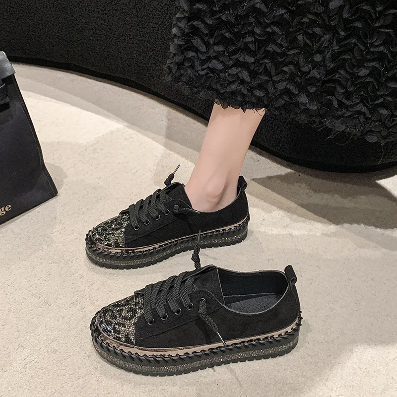 Crystal Luxury Flats Platform Shoes Women Sneaker Designer 2025 Autumn Suede Loafers Lace Up Trend Leopard Canvas Zapatos Mujer