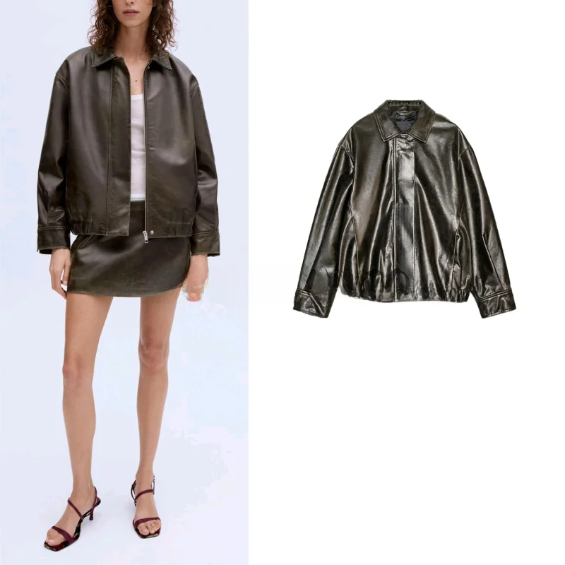 

Новое осеннее женское мотоциклетное пальто Long Sve из искусственной кожи с имитацией пилота, куртка с воротником-стойкой и застежкой-молнией, повседневное...