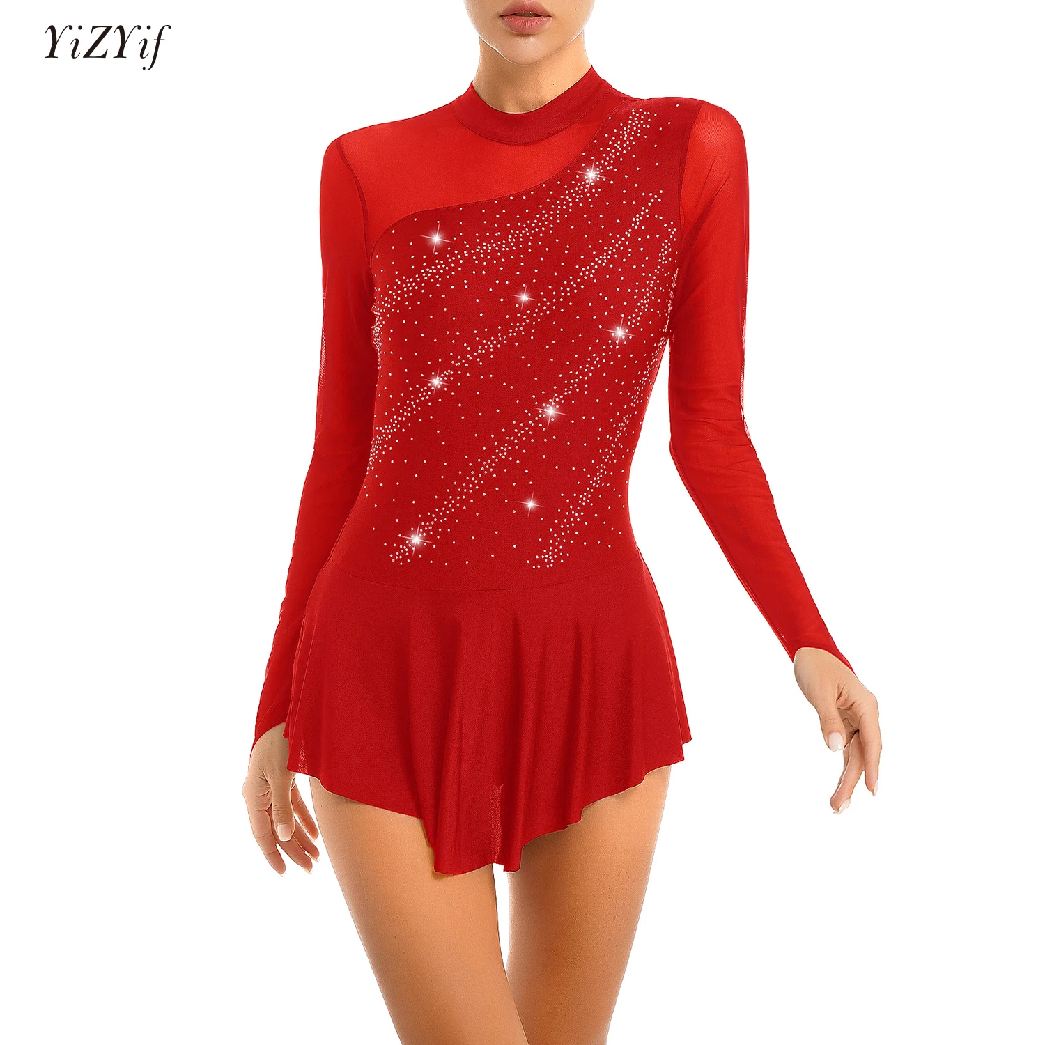 

Women Figure Skating Dance Dresses Glitter Rhinestone Mesh Long Sleeve Ballet Gymnastics Leotard Dress Competition Dance Costume