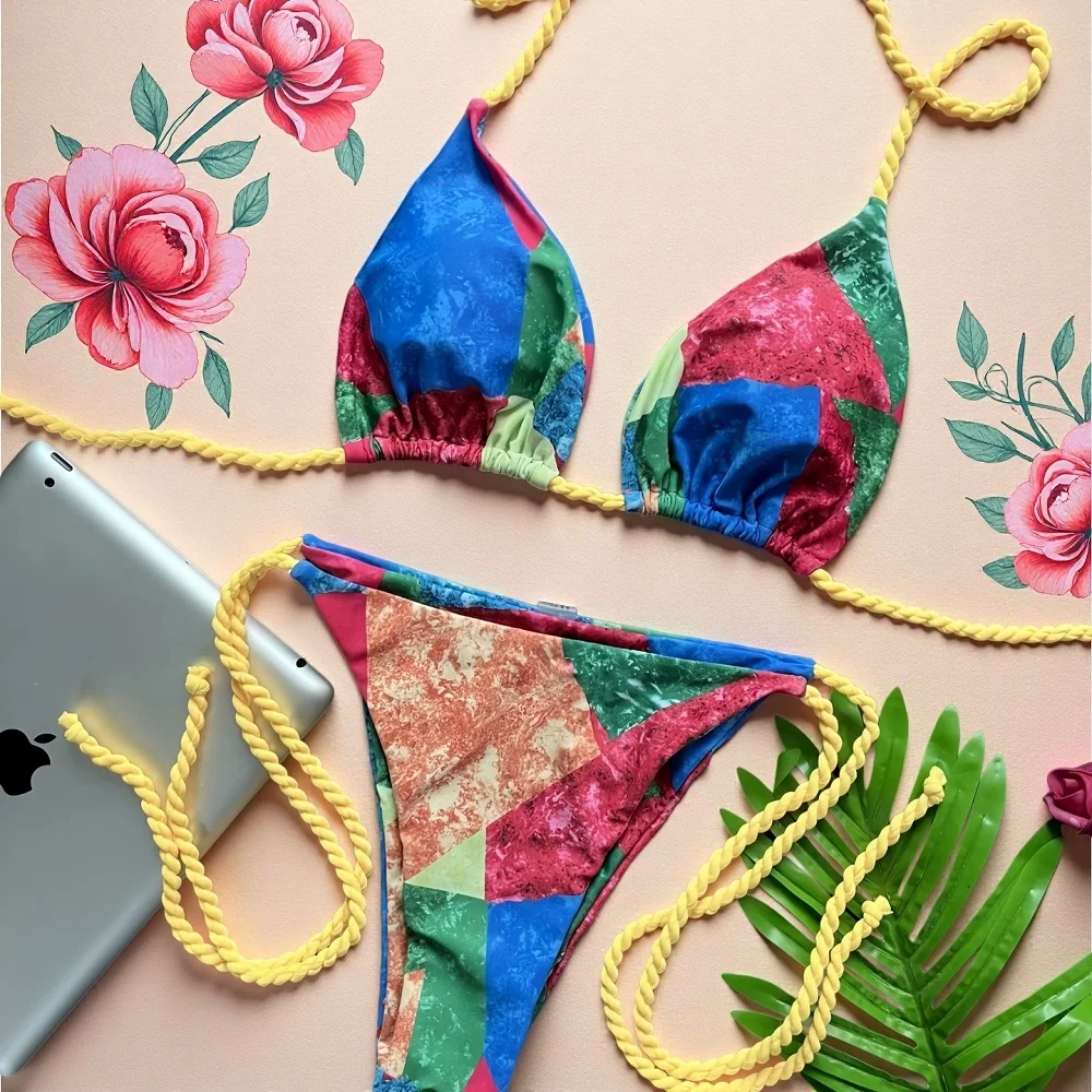 2026 Sexy Women's Splicing Color Bikini Set Beach Swimsuit 2-piece Set Special Fabric Shell Decoration
