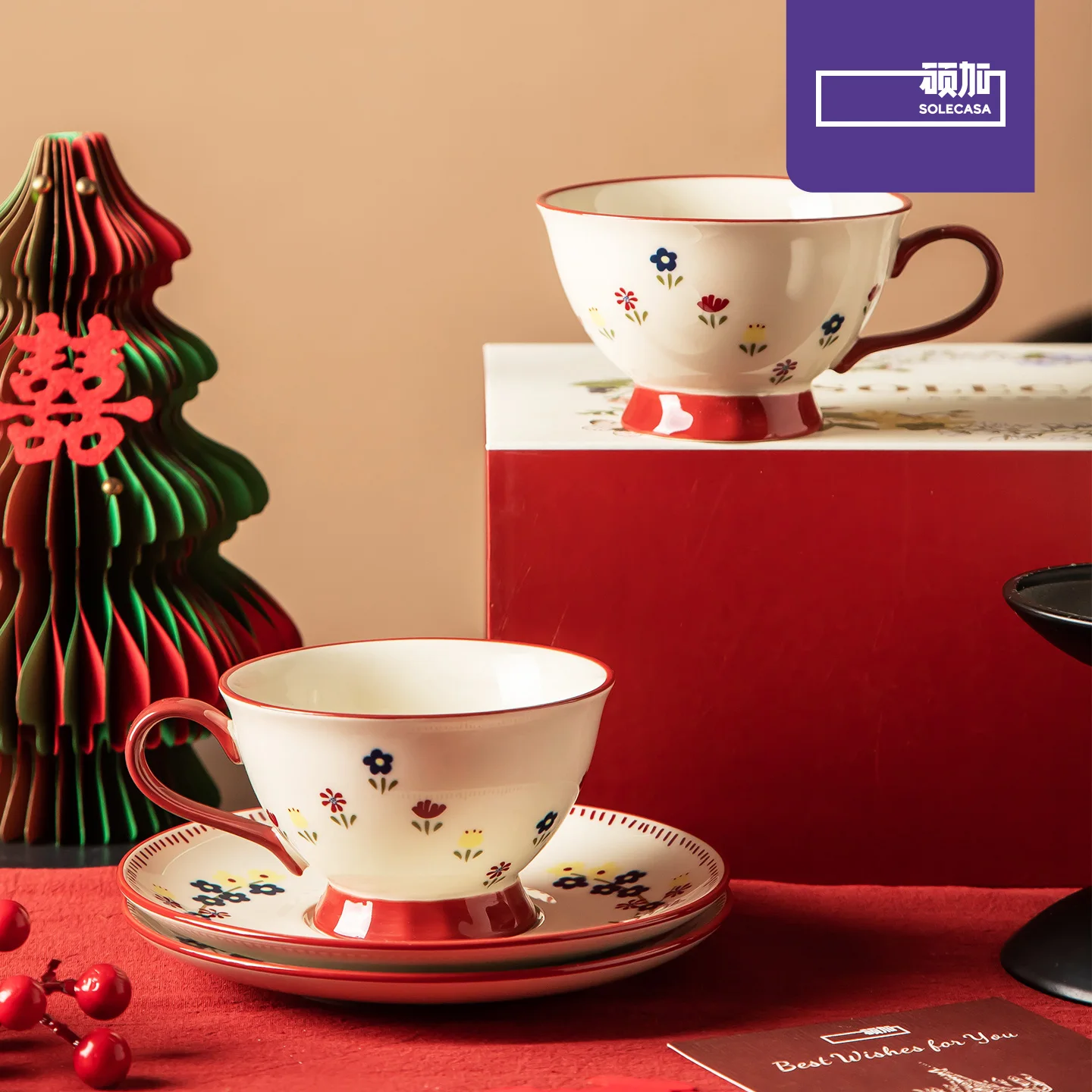 

SOLECASA Retro Floral Ceramic Tea Cup Saucer Set Vintage Aesthetic Tableware 4Pcs Porcelain Coffee Cup Set Gift Set Box Gifting