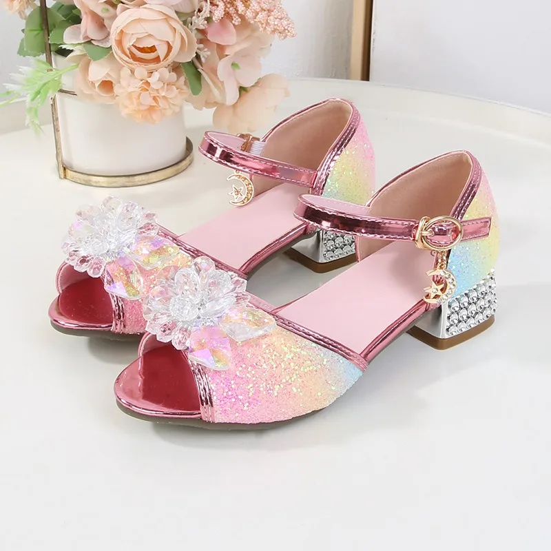 Girls Sandals Pearl Princess Shoes For Children Pretty Girls Leather Fish Mouth Shoes Party Dance Girls Sandals High Heels