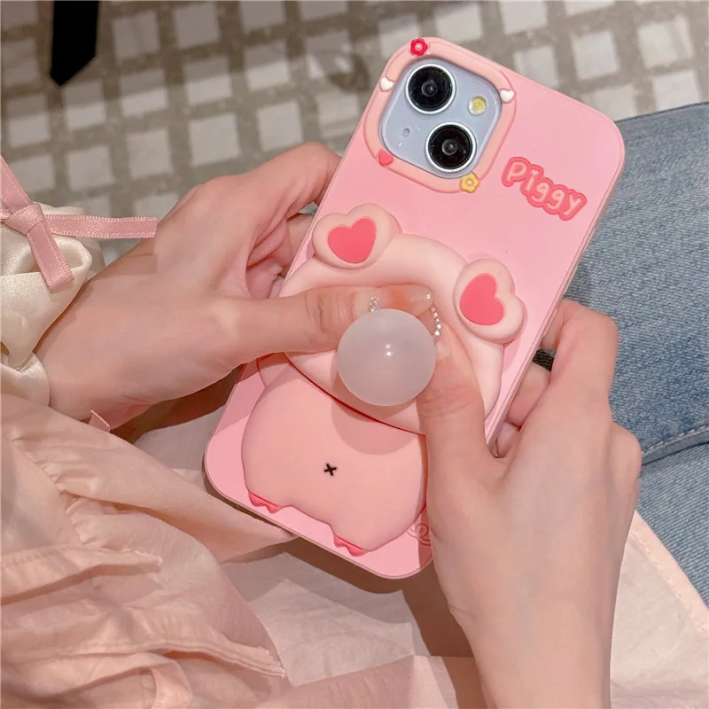 Funny Pressure Pig Piggy Blow Bubbles Phone Case for iPhone 15 14 13 12 11 Pro Max Pressing Soft silicone Cover Funda