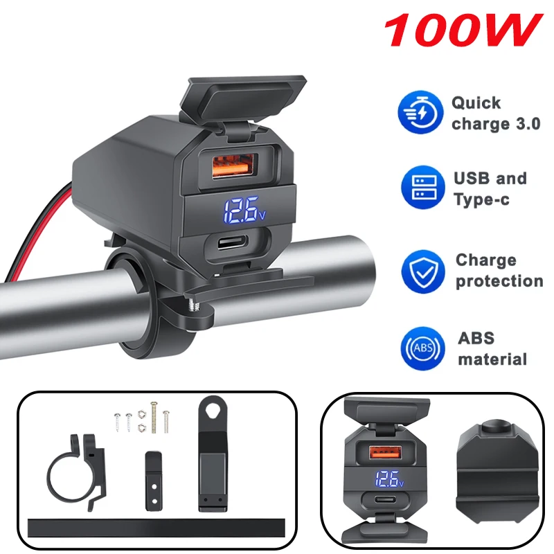 

Motorcycle Charger PD+ QC3.0 Fast Charger Power Adapter Socket with Switch Waterproof Digital Voltmeter Motorcycle Accessories