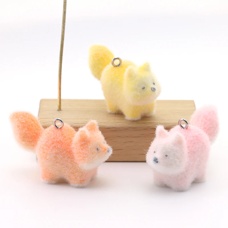 

15pcs Resin Stereo Fox Flocking Charms Cute Animals Plush Pendant for Jewelry Making Diy Earring Keychain Accessories Material
