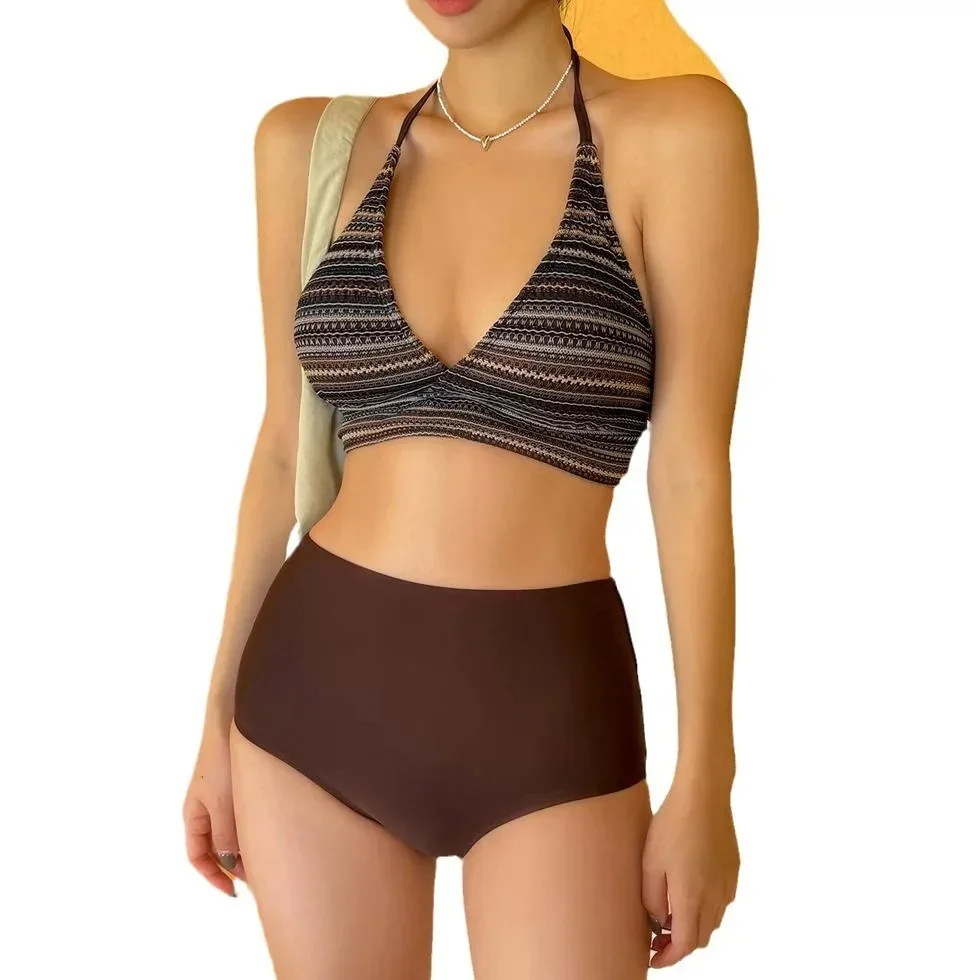 Sexy High-Waist Bikini Two-Piece Swimsuit Women's Swimwear Retro Minimalist Korean Japanese Style Cover-Up Swimming Costume