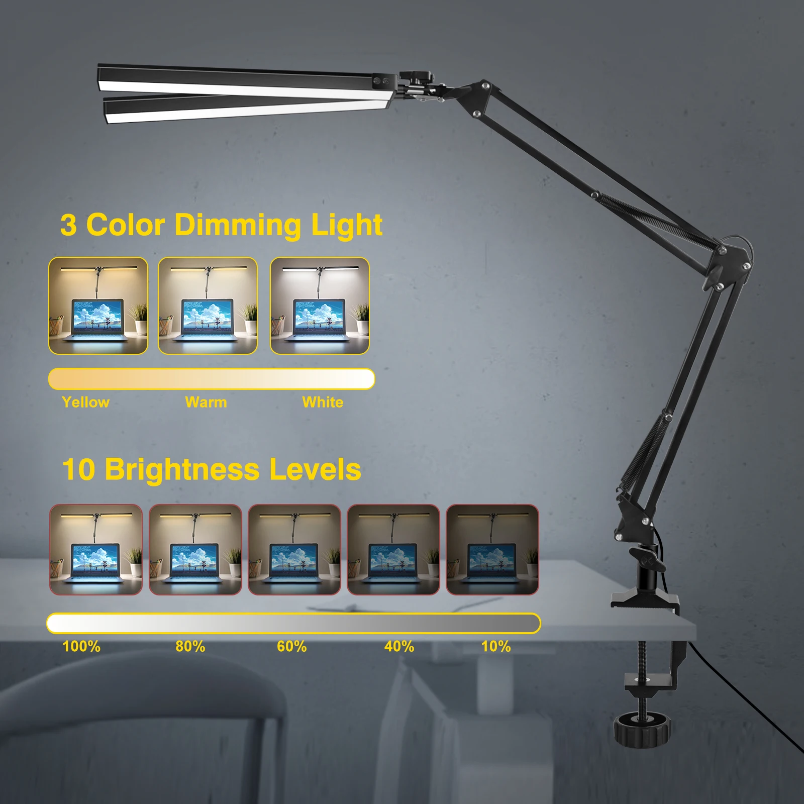 NEWACALOX LED Desk Lamp with Clamp & Flexible Arm 3 Color Modes 10 Brightness Levels Eye-Caring Table Light with Memory Function