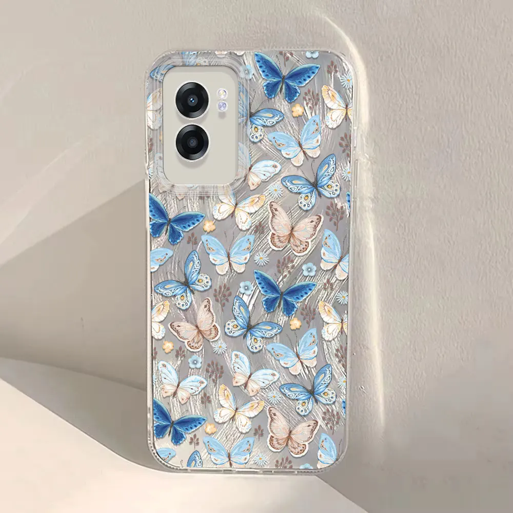 IMD Case For OPPO A77 A76 A74 A72 A60 A59 A58 A57 A54 A53 A52 A38 A35 A33 A31 A32 Blue Butterfly Pattern Feather Yarn Soft Cover