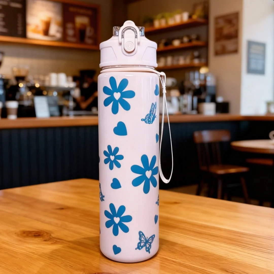 Cute Bow & Flower Water Bottle, Premium Texture Minimalist Design, Large Capacity, Lightweight and Leakproof with Portable