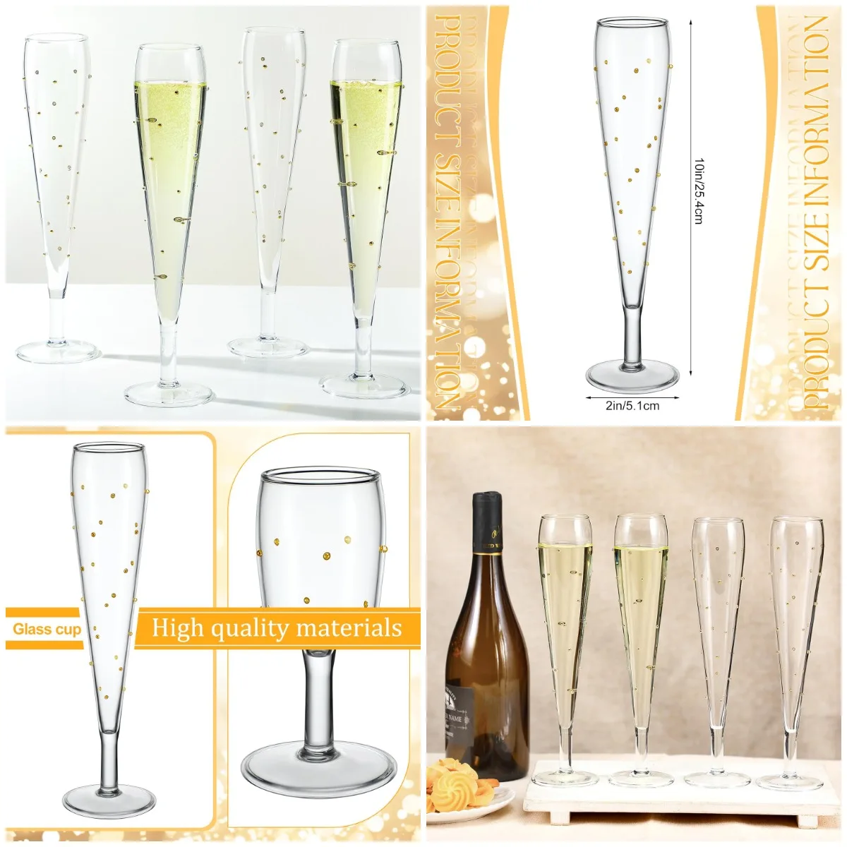 

4-Pack Champagne Flutes with Gold Dots, 5oz Long Stem Wine Glasses for Wedding & Party