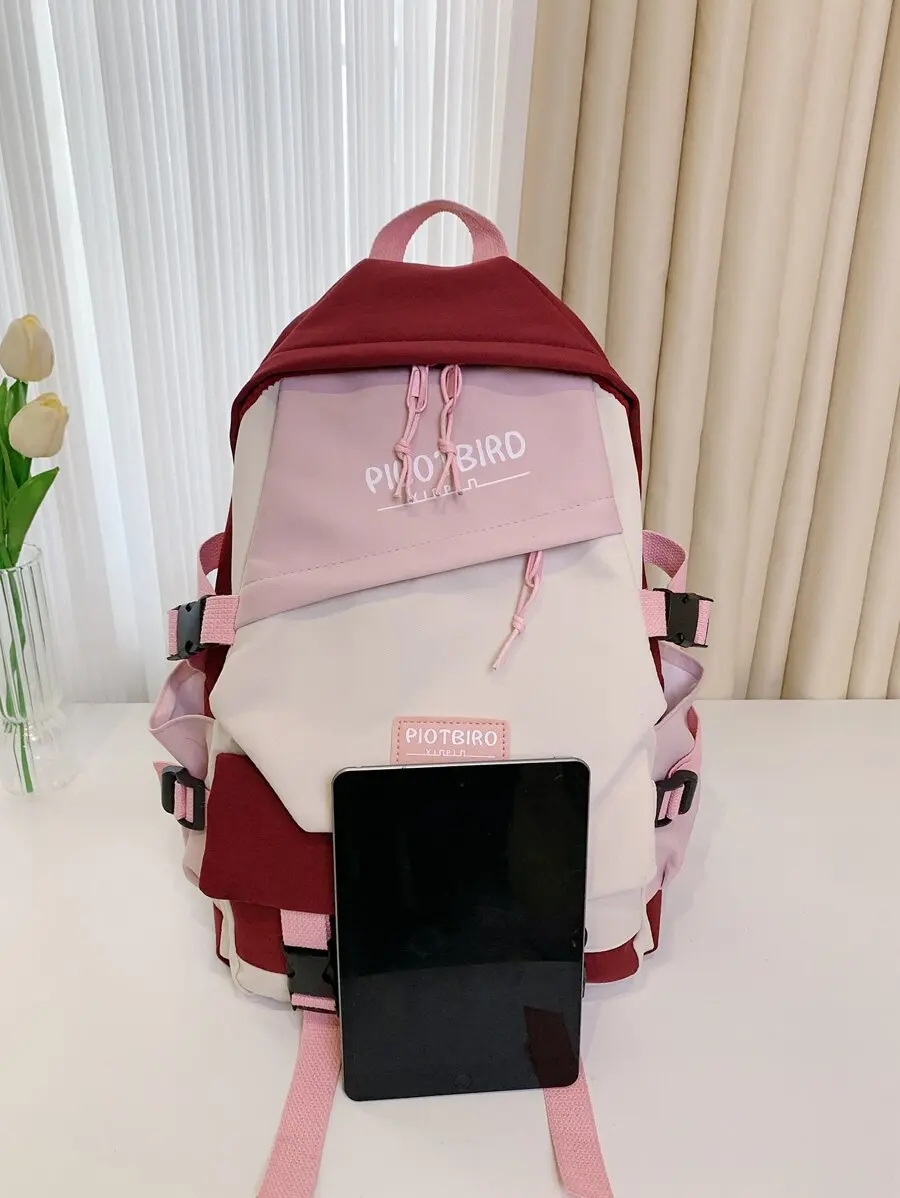

Color Block Multi Pocket Double Shoulder Backpack For Women Large Capacity Lightweight Casual School Travel Bag