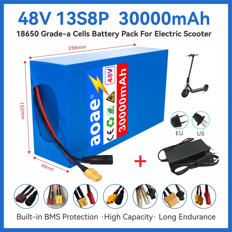 48V Lithium Battery 30Ah Built-in 50A BMS 18650 Grade-A Cells 13S8P 1000w-2000W  XT60 DC High Capacity for Electric Scooter
