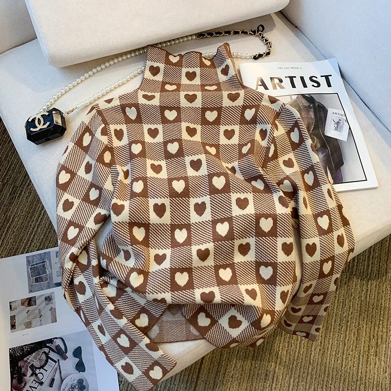 Women Black Plaid Knit Pullover Sweater Harajuku 2000s Vintage Y2k Long Sleeves Turtleneck Cashmere Sweaters Clothes 2025 Autumn