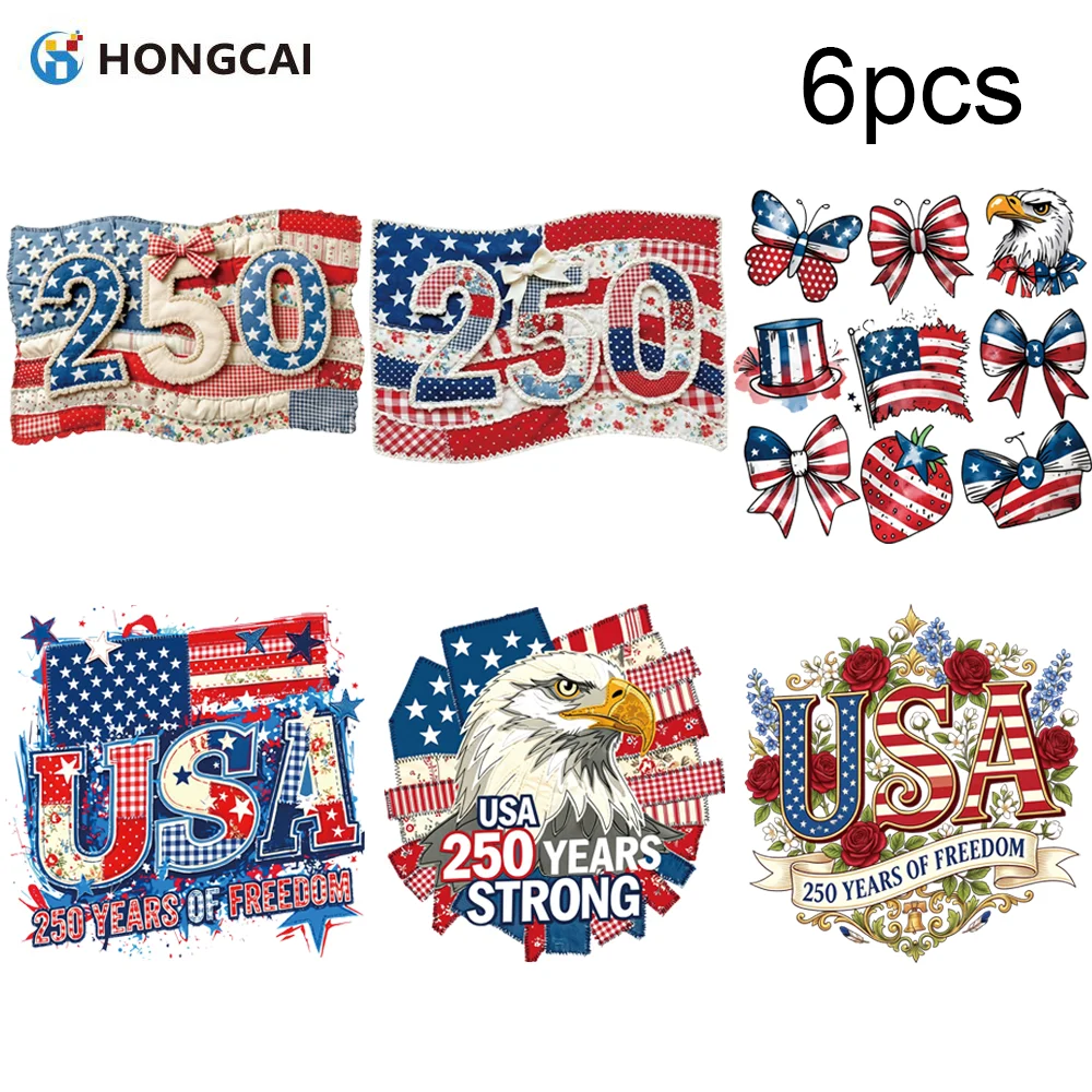 6-Pack of U.S. 250th Anniversary Heat Transfer Patches  Easy-to-Apply for T-Shirts, Hoodies, Pillows, and DIY Decor