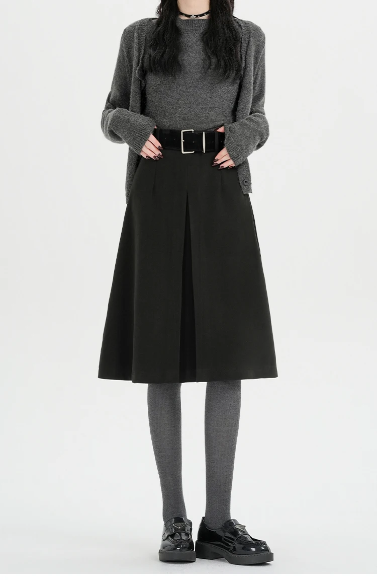 Hochgeschnittener Rock für Damen, Herbst/Winter 2026, Neuheit, Wollrock für Damen, Grau oder Schwarz, A-Linien-Rock für Damen mit Gürtel, Bestseller – Detail 7