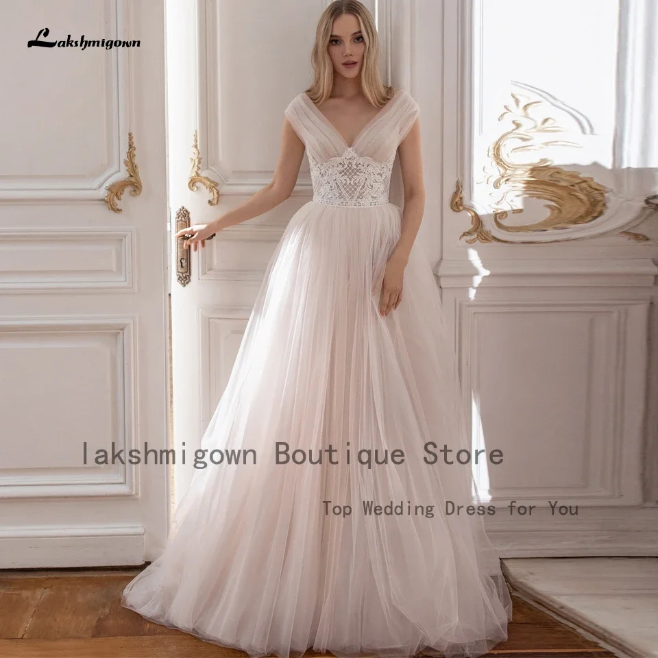 Lakshmigown Robe Blush Pink Tulle Wedding Dress A Line 2025 Ruched Sexy Bridal Beach Wedding Gowns for Dinner Receiption