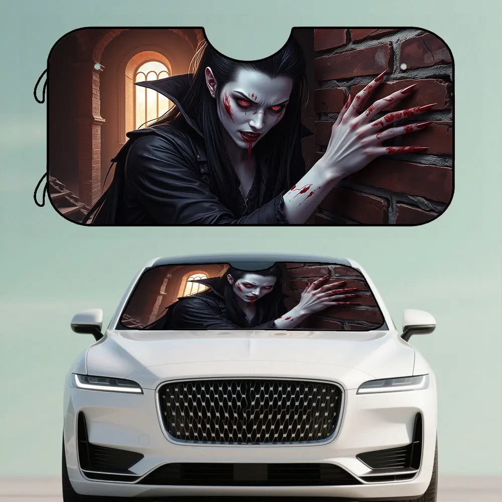 

1 шт. Солнцезащитный козырек на переднее окно на Хэллоуин с уникальным художественным принтом «Кровавая женщина» — прочный полиэстер, компактный дизайн для автомобилей, грузовиков, внедорожников