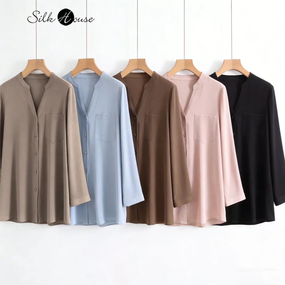 

Женская летняя повседневная новая блузка из 100% натурального шелка тутового шелкопряда 03, двойной креп, с V-образным вырезом, однотонная, универсальная, приятная к коже