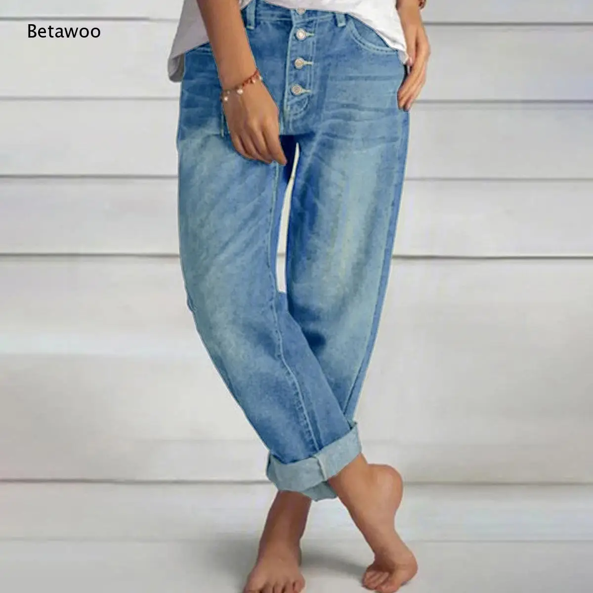 Button Relaxed Fit Denim Trousers Loose Straight Cut Rollable Cuff Hem Soft Fabric for Daily Casual Matching Street Outfits