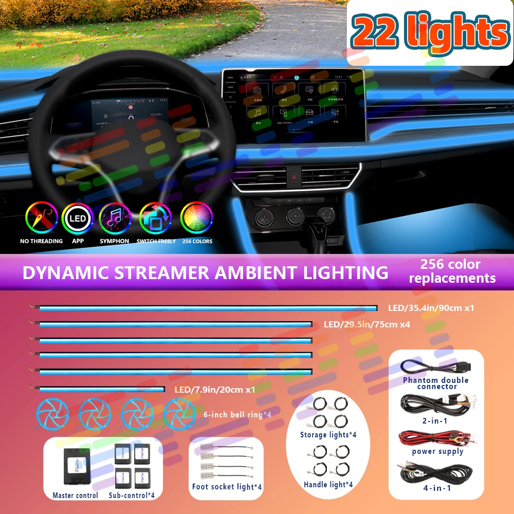 Car Interior Ambient Lights App Control Universal Atmosphere Acrylic Lamp Strips Auto Symphony RGB Colorful Rainbow LED Lighting