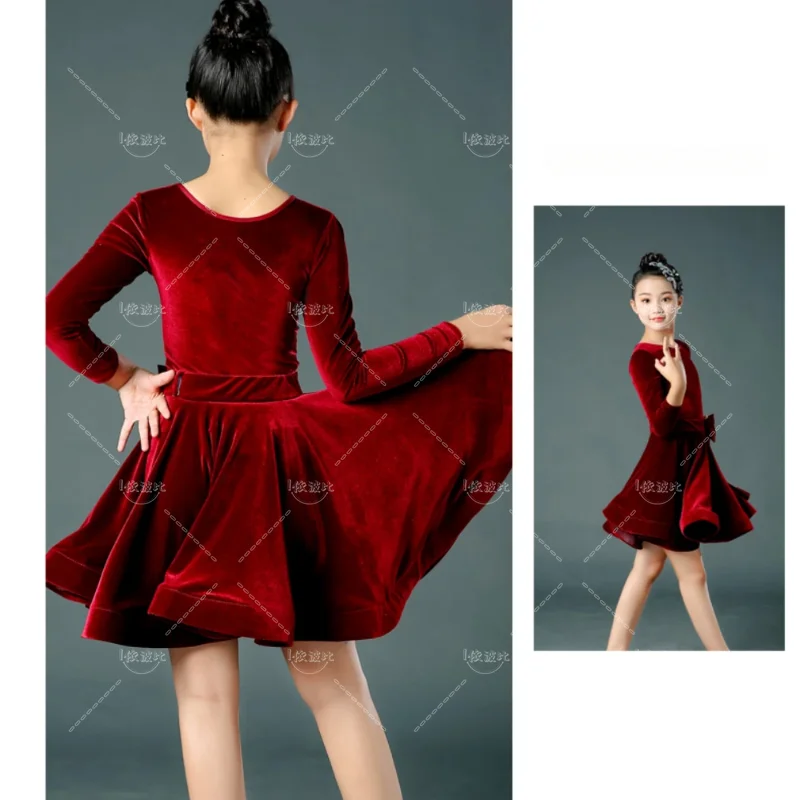 Children's New Latin Dance Dress, Long Sleeved Girl Stage Performance Competition Training Dress