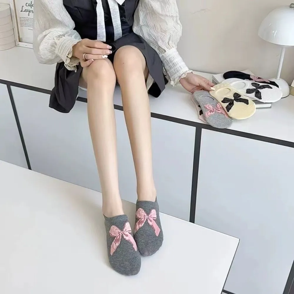 6 Pair New Sweet Bow Socks Comfortable Breathable Ankle Socks Solid Color Thin Cotton Socks Autumn