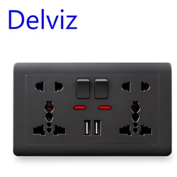 Delviz USB charging socket, 2.1A Dual USB Port, AC 110-250V, 13A Wall-mounted Multi-functional USB power Universal 5 Hole Outlet