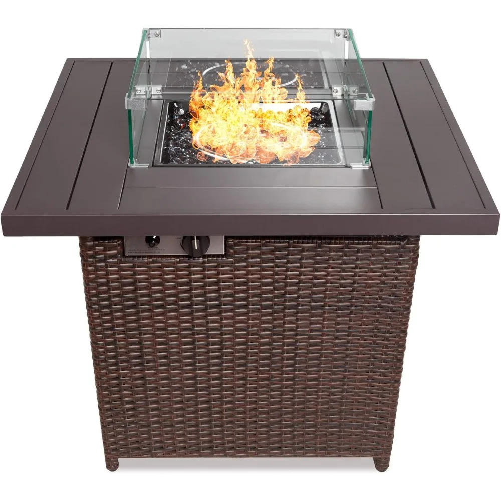 

32in Fire Pit Table, 50,000 BTU Outdoor Wicker Patio Propane Gas w/Glass Wind Guard, Aluminum Tabletop, Glass Rocks, Fire Table