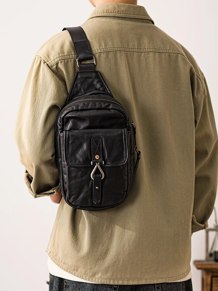 Fashion luxury first layer cowhide men's black chest bag casual designer handmade genuine leather teens sport crossbody bag