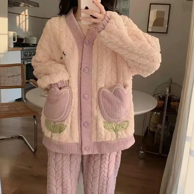 

Women's Coral Fleece Pajama Set V-Neck Cardigan Long Sleeve Winter Warm Sleepwear Sweet Comfortable Flannel Homewear Loungewear