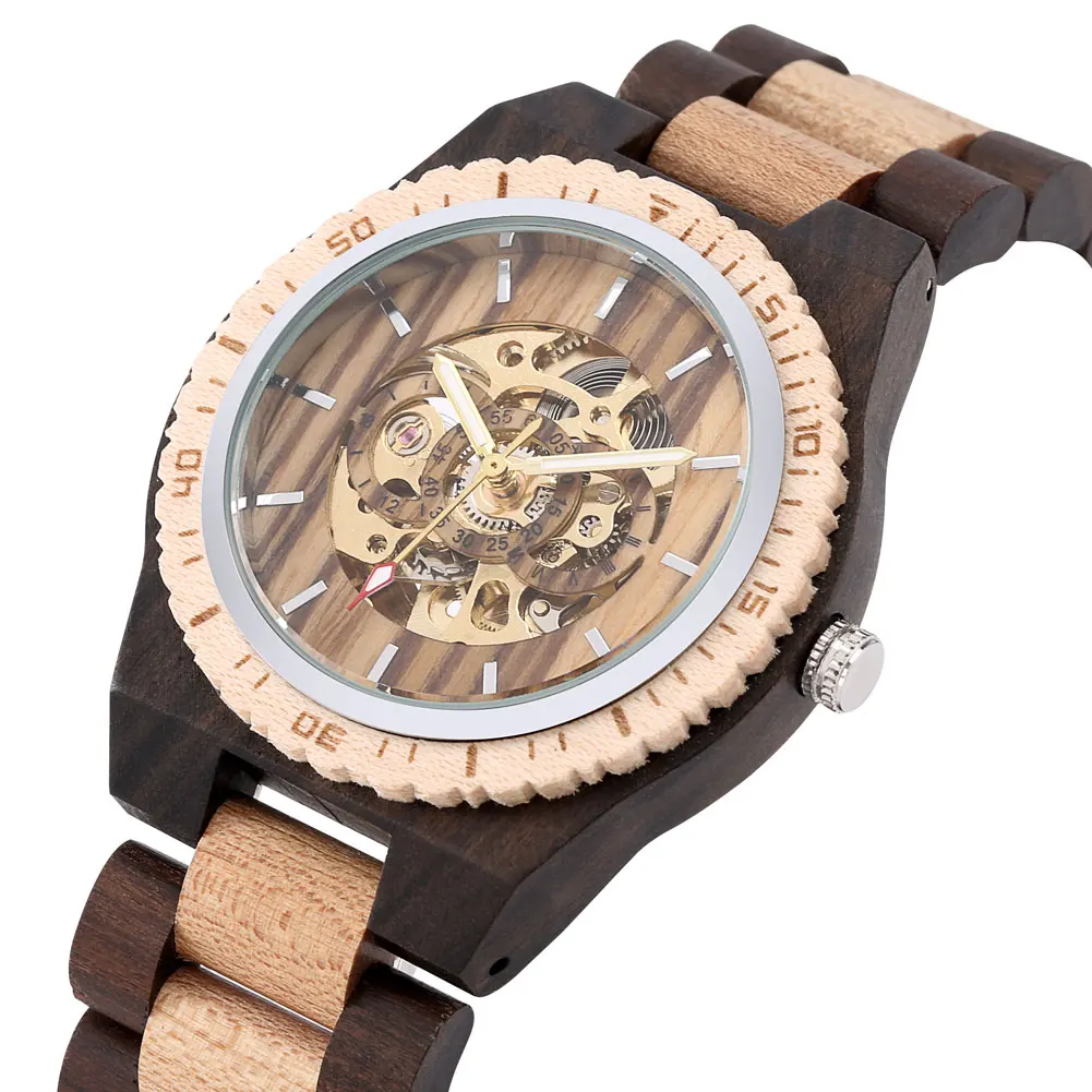 Retro Stylish Full Wooden Men's Automatic Mechanical Wristwatch Folding Clasp Wood Bracelet Watchband Casual Male Watches Gift
