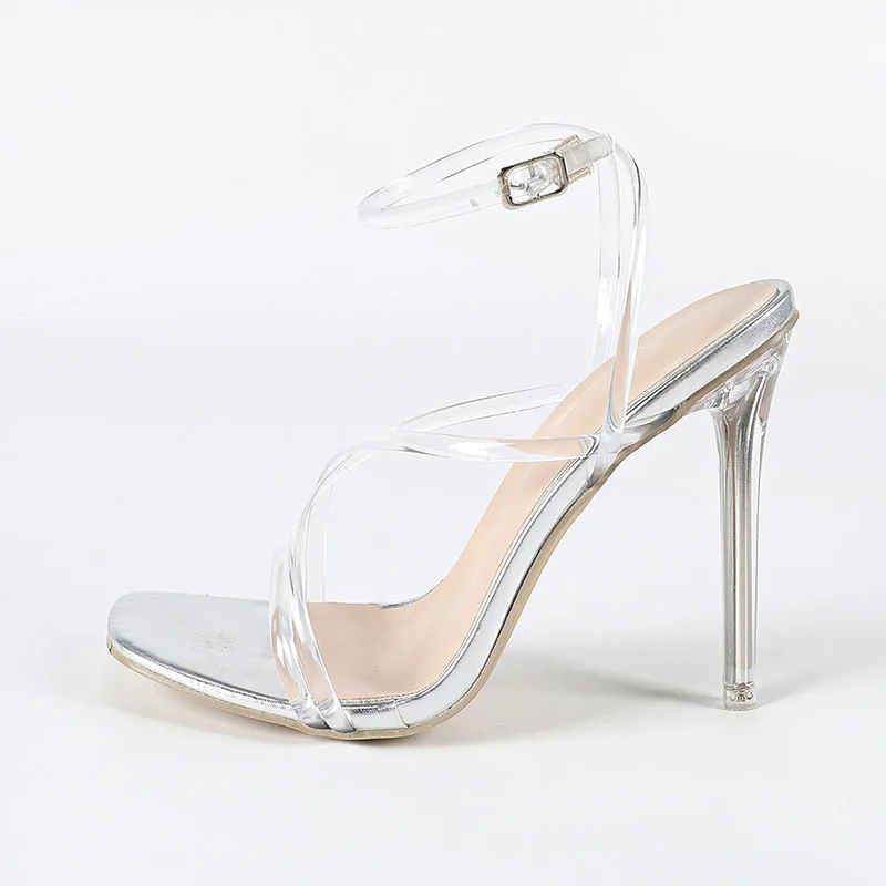 الصيف الربيع أزياء ضيق الفرقة السيدات خنجر الكعوب أحذية الإناث المفتوحة تو الصنادل شفافة صندل كعب عالٍ للنساء